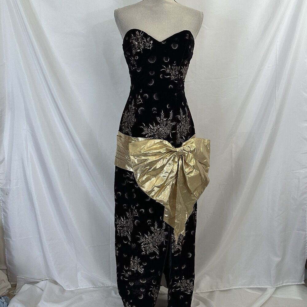 Alyce Designs Vintage Women's  Floral Strapless Dress 10 Gold Bow